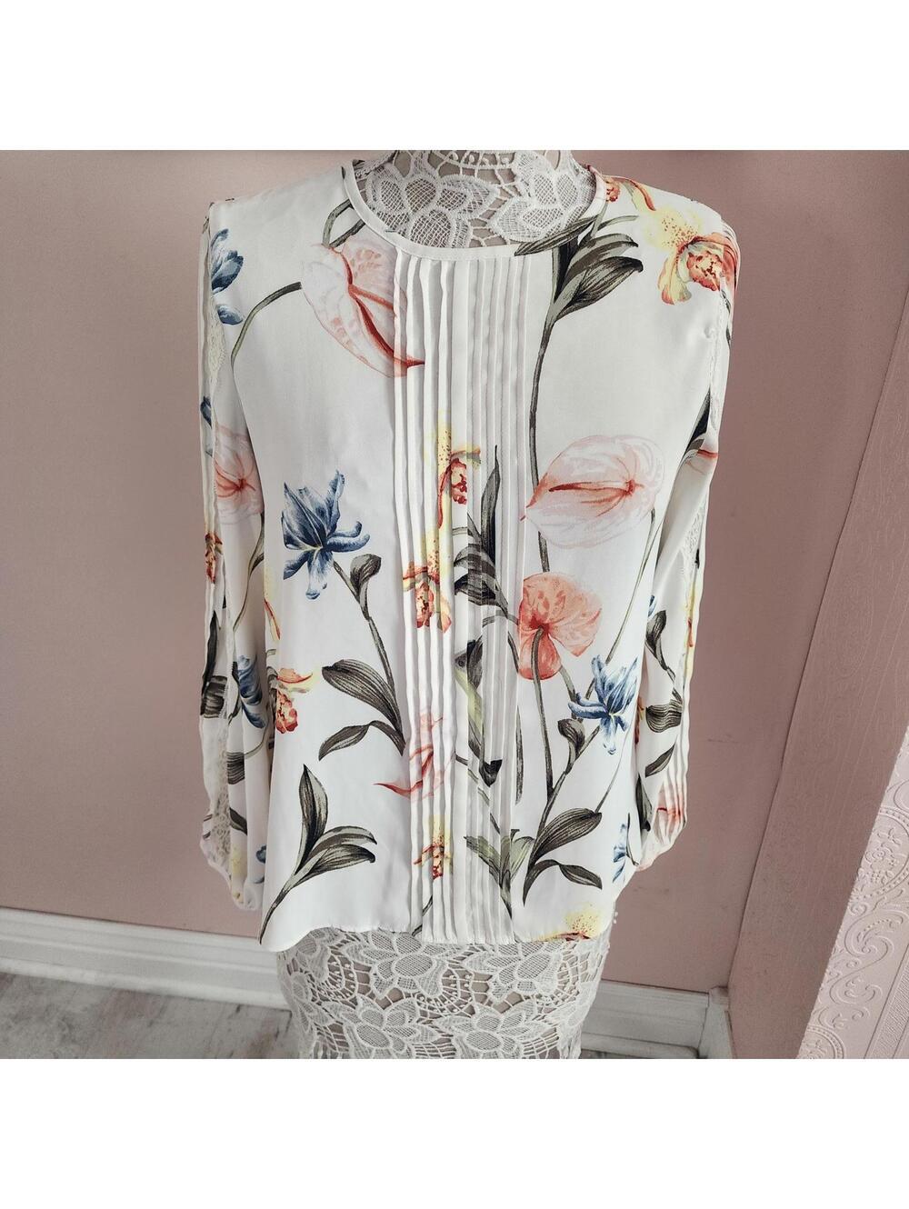 White House BLack Market floral cream blouse S